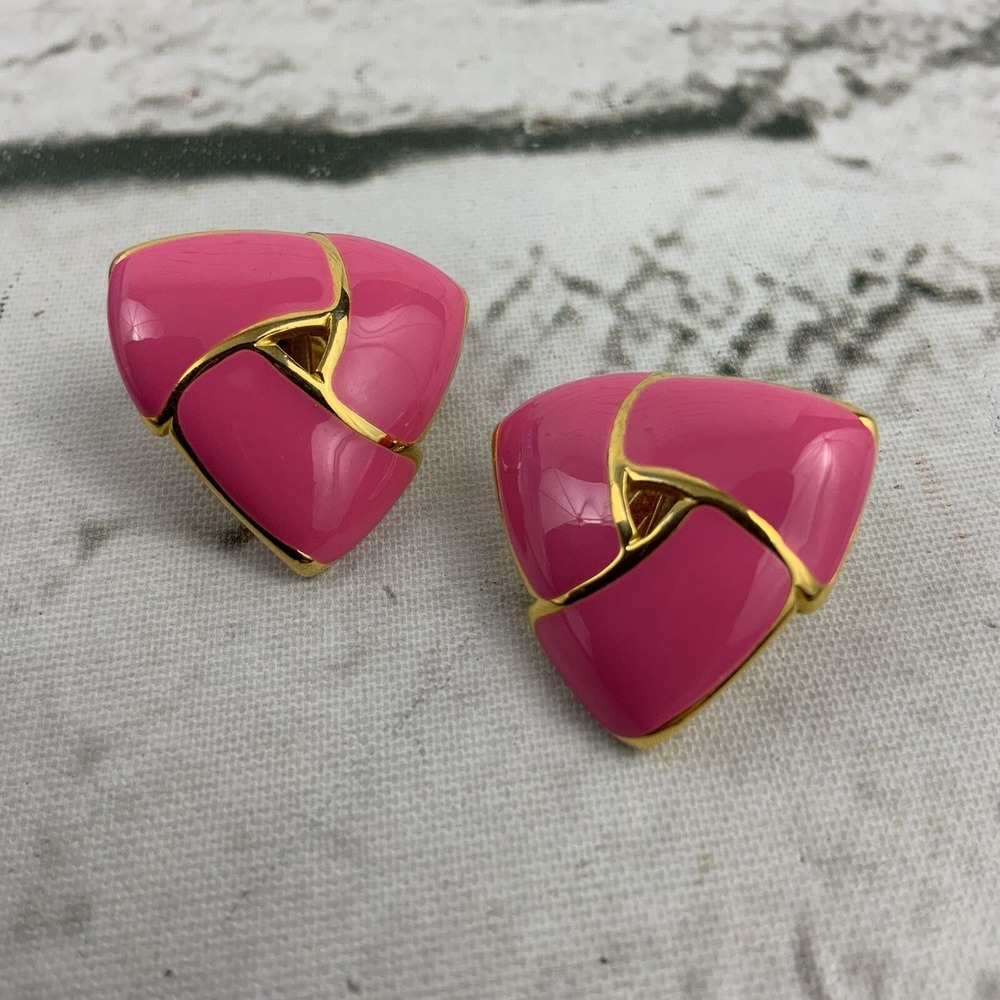 Vintage Retro 90's Pink Triangle Earrings Gold‎ Toned Clip Ons
